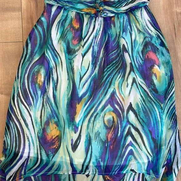 2B Bebe Strapless Sweetheart Peacock Hi-Lo Dress Sz S - Picture 3 of 10